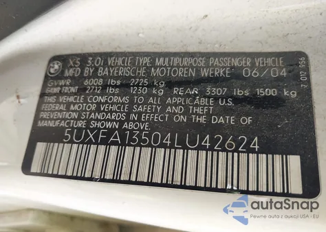 2004 BMW X5 3.0I из США, поврежденный, VIN 5UXFA13504LU42624